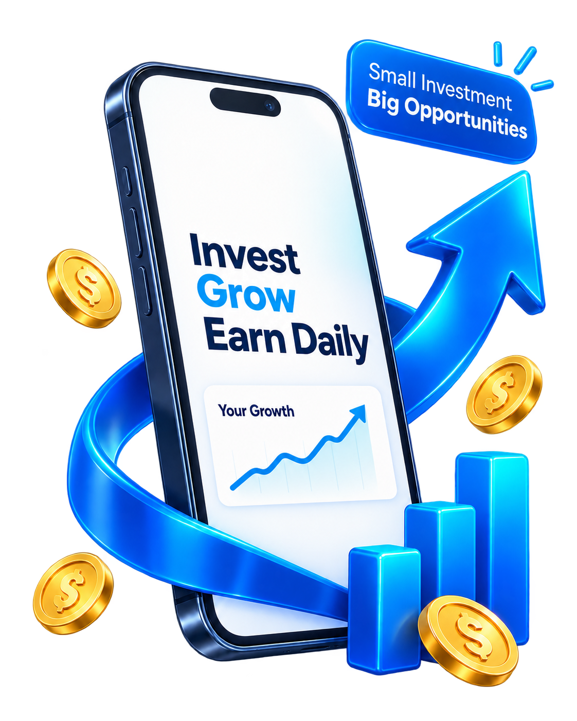 Noor-investment.site phone with a blue growth arrow, gold coins and rising chart